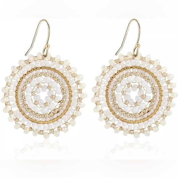 BaubleBar Jewelry - Bohemian Beaded Crystal Gem Boho Summer Vacation Hanging Earrings White and Gold